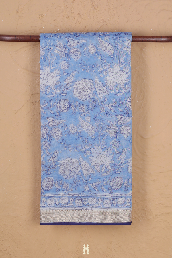 Chanderi Cotton Saree In Blue With Floral Design