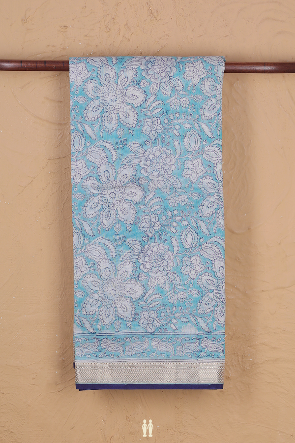 Chanderi Cotton Saree In Light Blue With Floral Design