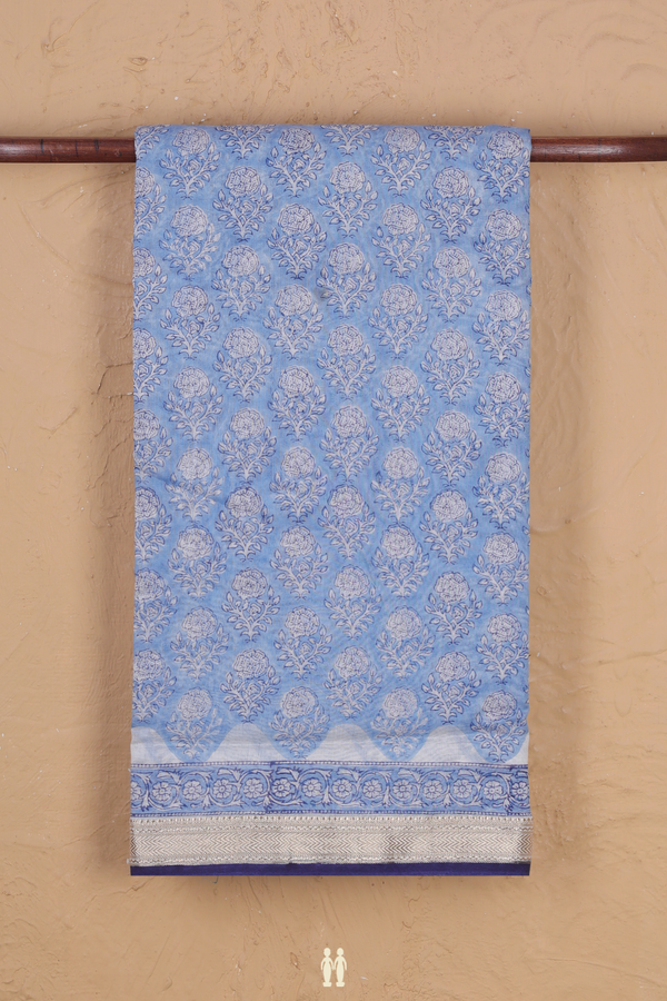 Chanderi Cotton Saree In Blue With Floral Motifs