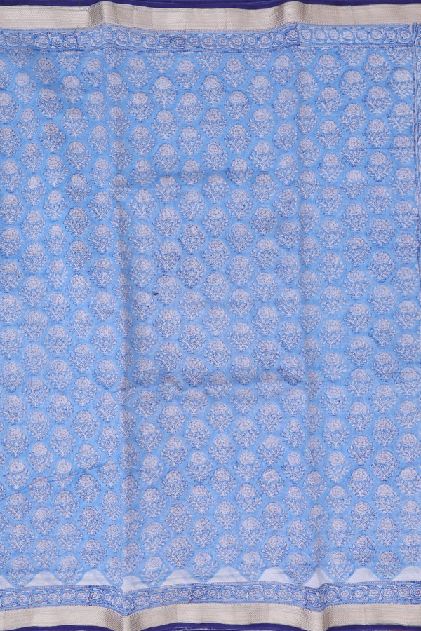 Chanderi Cotton Saree In Blue With Floral Motifs
