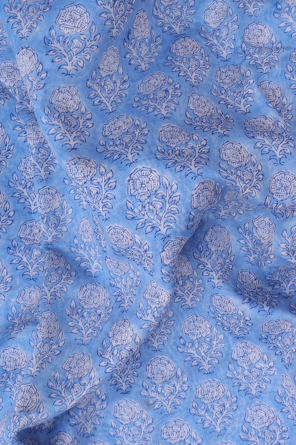 Chanderi Cotton Saree In Blue With Floral Motifs