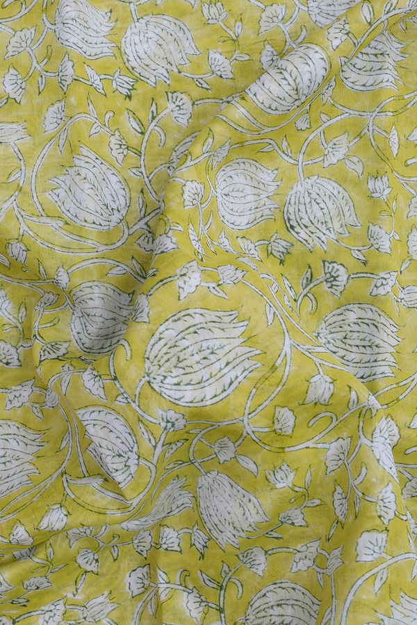 Chanderi Cotton Saree In Yellow With Floral Design