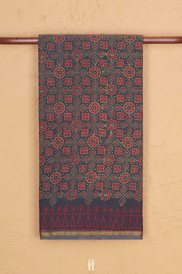 Chanderi Cotton Saree In Greyish Green With Ajrakh Design