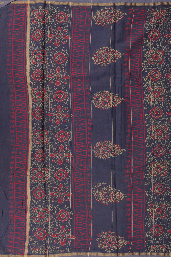 Chanderi Cotton Saree In Greyish Green With Ajrakh Design