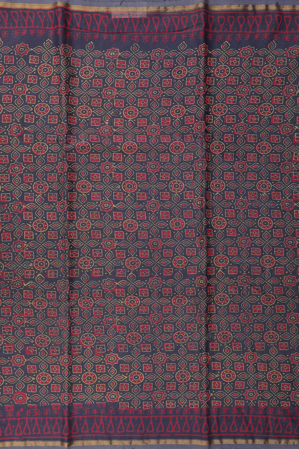 Chanderi Cotton Saree In Greyish Green With Ajrakh Design