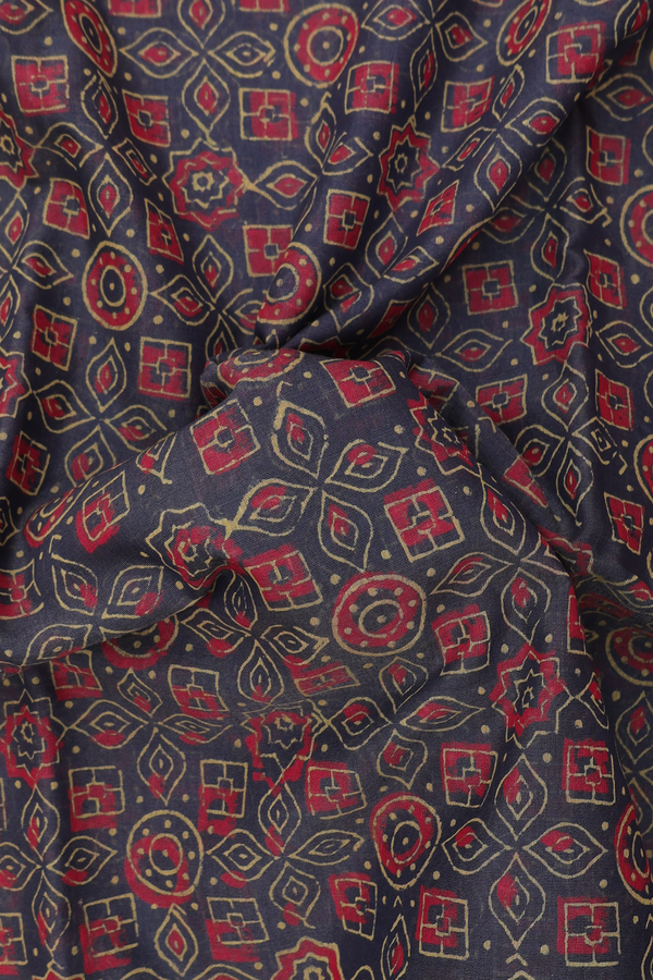 Chanderi Cotton Saree In Greyish Green With Ajrakh Design