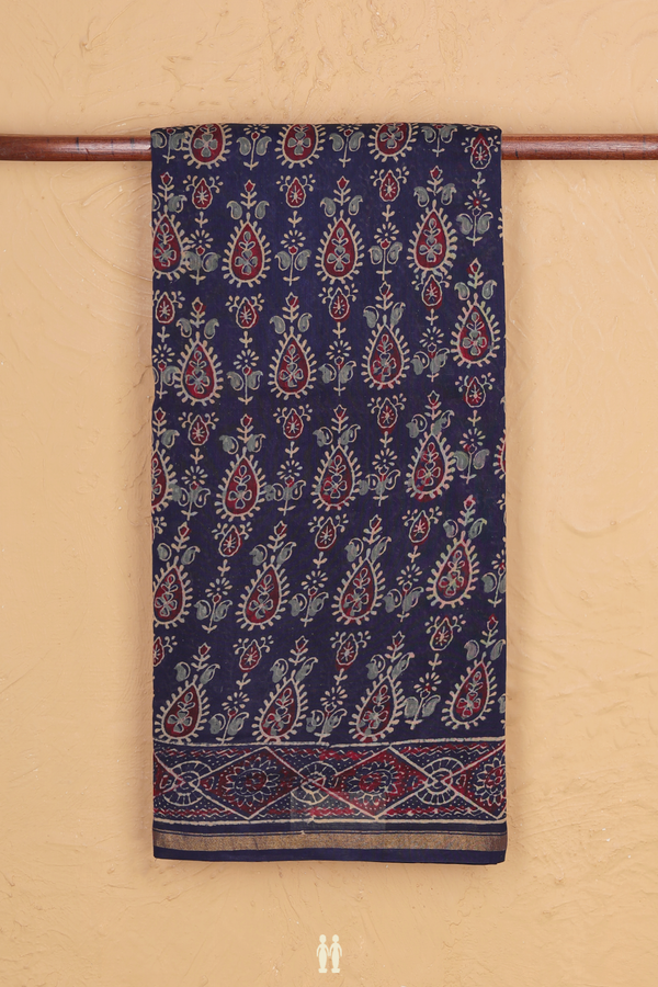 Chanderi Cotton Saree In Navy Blue With Printed Design