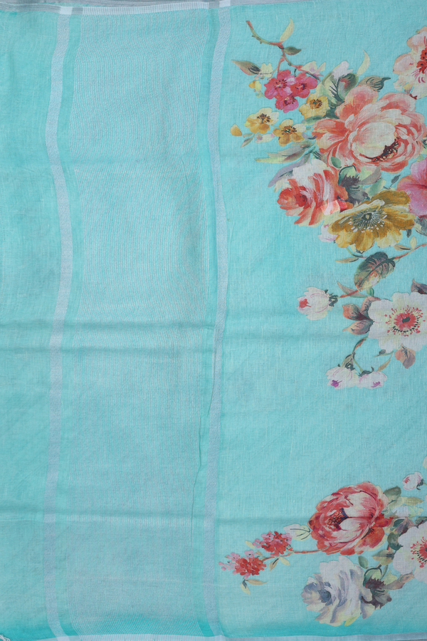Linen Saree In Mint Green With Floral Design