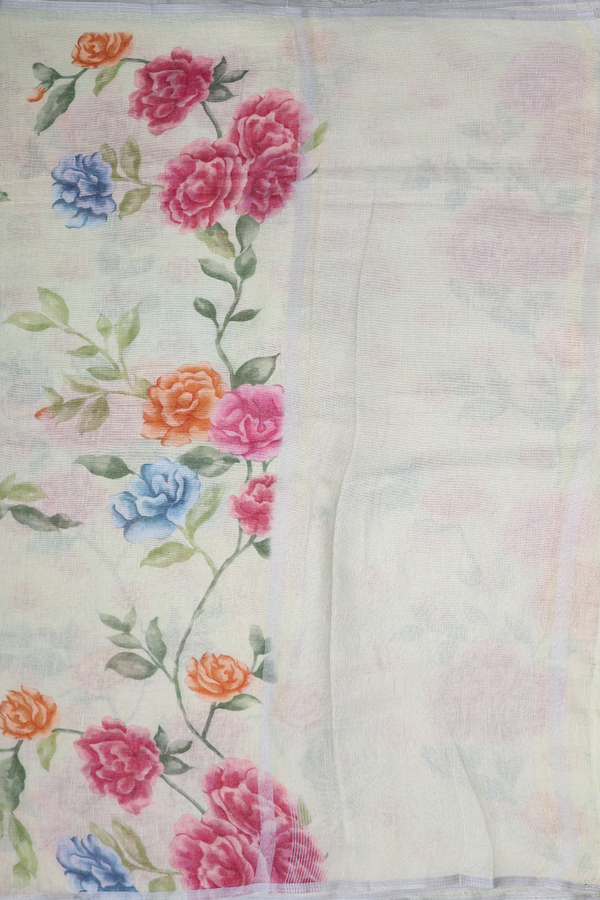 Linen Saree In Pastel Green With Floral Design