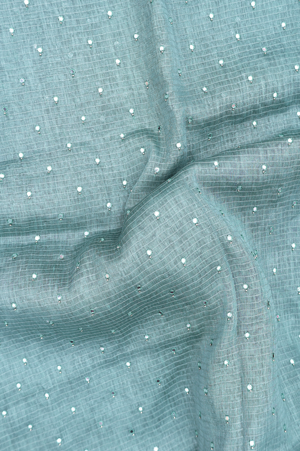 Linen Saree In Beach Blue With Mirror Work Buttis