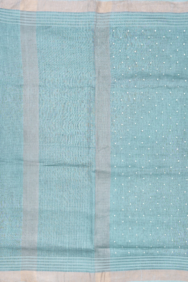 Linen Saree In Beach Blue With Mirror Work Buttis