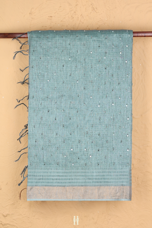 Linen Saree In Beach Blue With Mirror Work Buttis