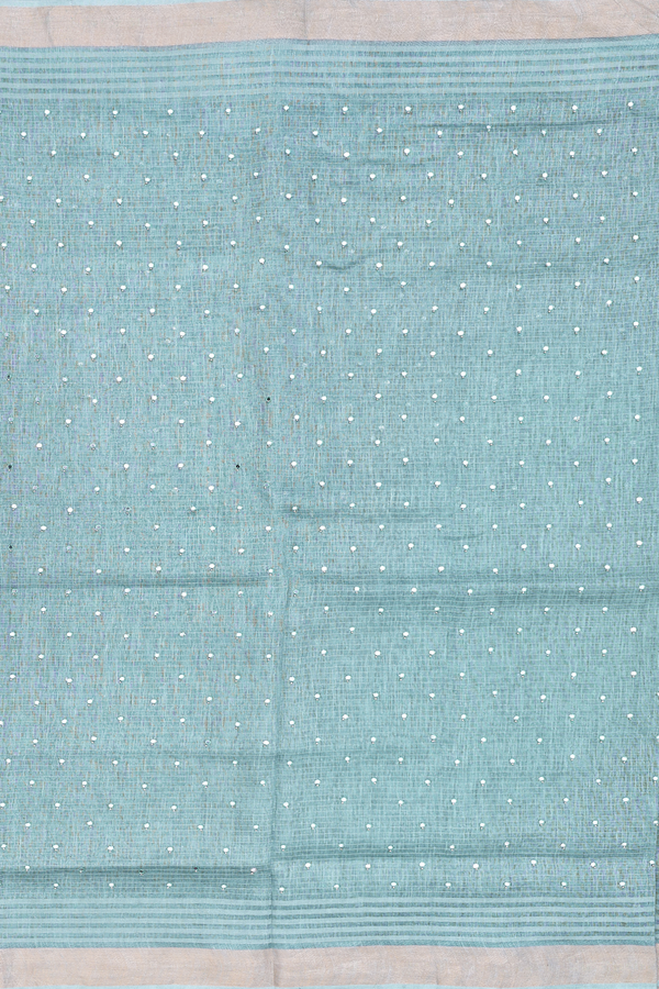 Linen Saree In Beach Blue With Mirror Work Buttis