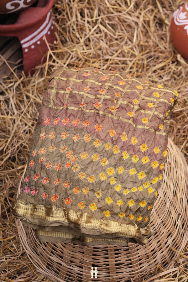 Bandhani Silk Saree In Dusty Brown With Tie And Dye Design