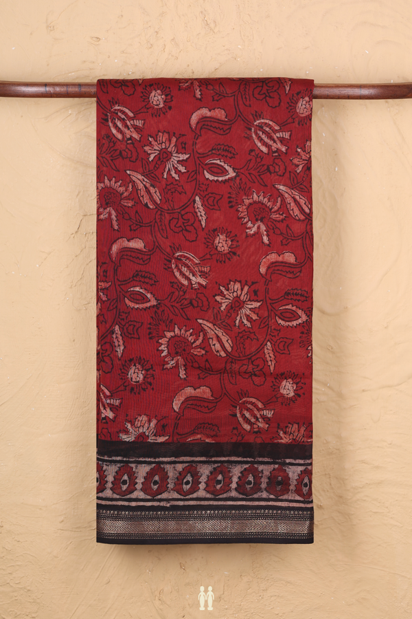 Chanderi Silk Cotton Saree In Red With Floral Design