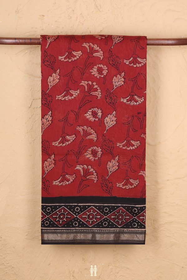 Chanderi Silk Cotton Saree In Rust Red With Floral Design