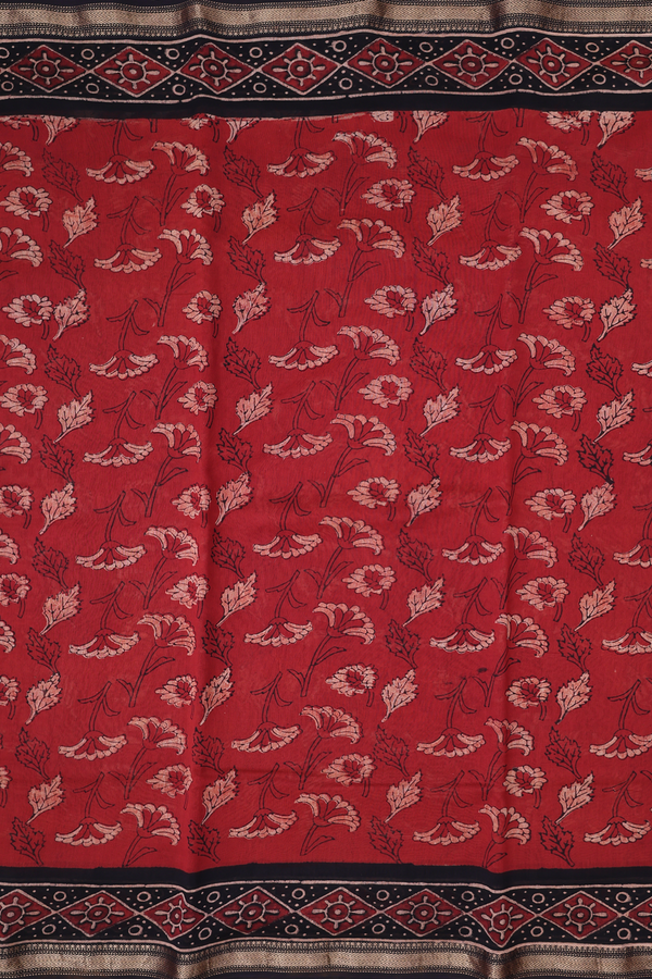 Chanderi Silk Cotton Saree In Rust Red With Floral Design