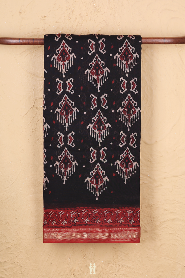 Chanderi Silk Cotton Saree In Black With Printed Design