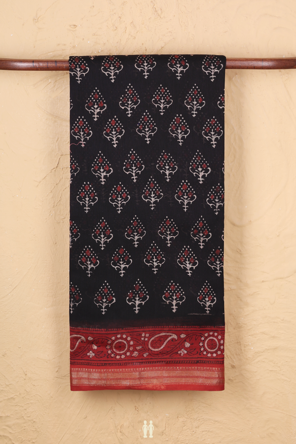 Chanderi Silk Cotton Saree In Black With Printed Design