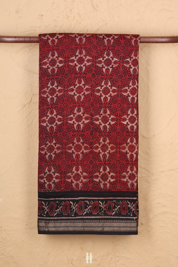 Chanderi Silk Cotton Saree In Rust Red With Ajrakh Printed