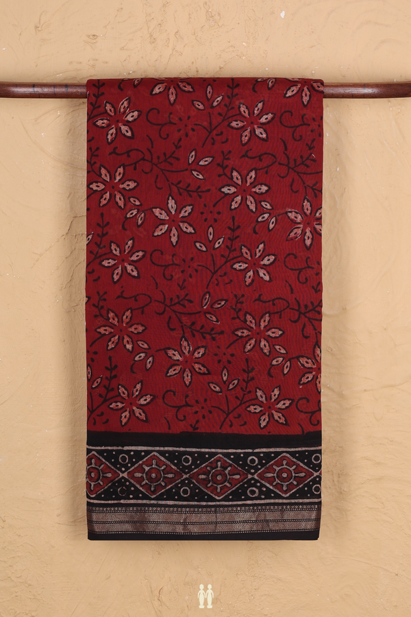 Chanderi Silk Cotton Saree In Rust Red With Floral Design