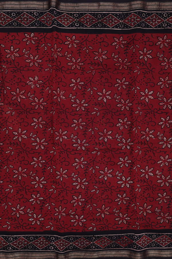 Chanderi Silk Cotton Saree In Rust Red With Floral Design