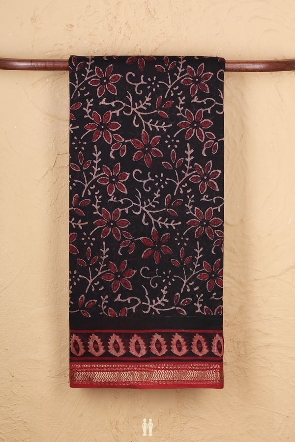 Chanderi Silk Cotton Saree In Black With Floral Design