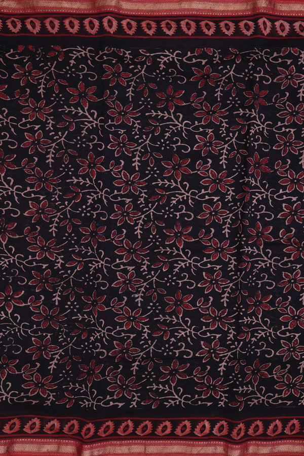 Chanderi Silk Cotton Saree In Black With Floral Design