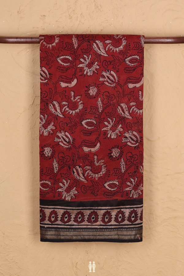 Chanderi Silk Cotton Saree In Rust Red With Floral Design