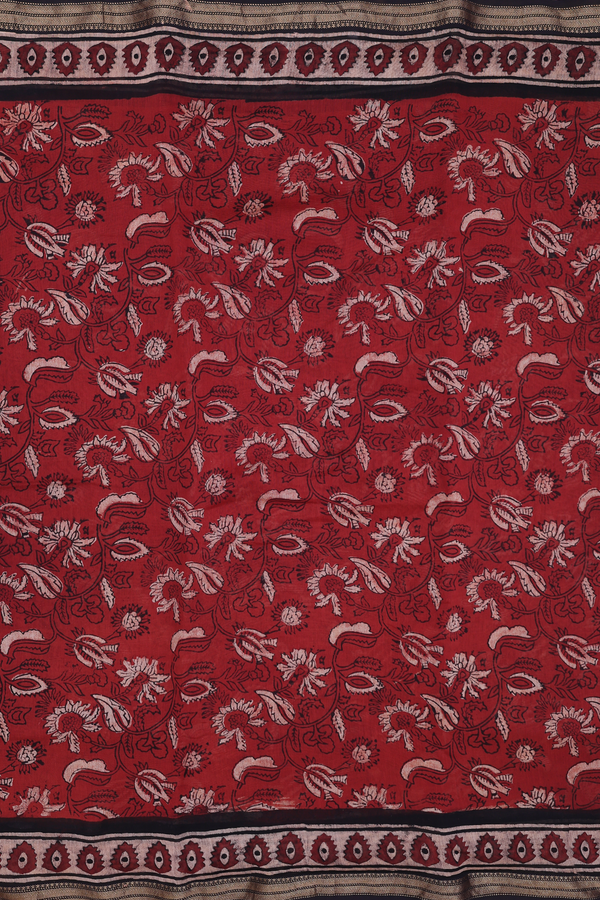 Chanderi Silk Cotton Saree In Rust Red With Floral Design