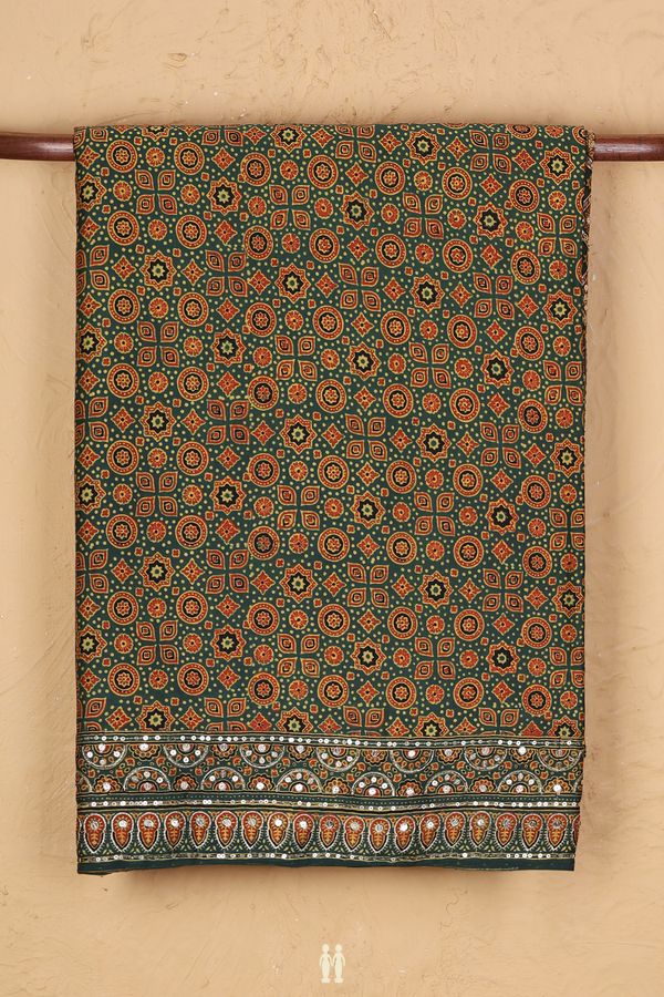 Modal Silk Saree In Forest Green With Ajrakh Printed Design