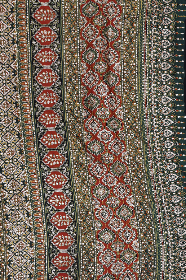 Modal Silk Saree In Forest Green With Ajrakh Printed Design