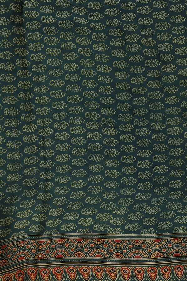 Modal Silk Saree In Forest Green With Ajrakh Printed Design