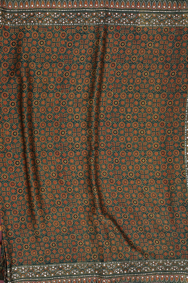 Modal Silk Saree In Forest Green With Ajrakh Printed Design