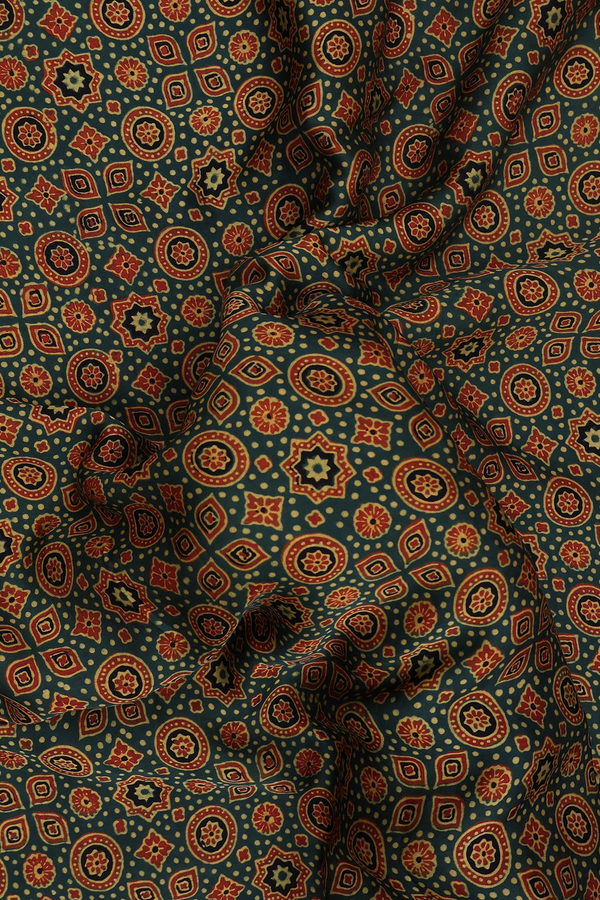 Modal Silk Saree In Forest Green With Ajrakh Printed Design