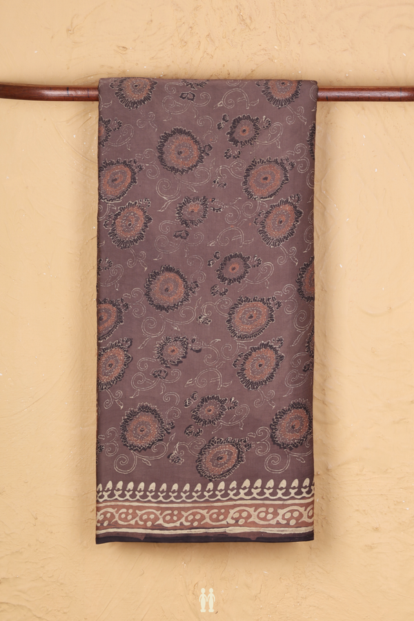 Modal Silk Saree In Greyish Brown With Floral Design
