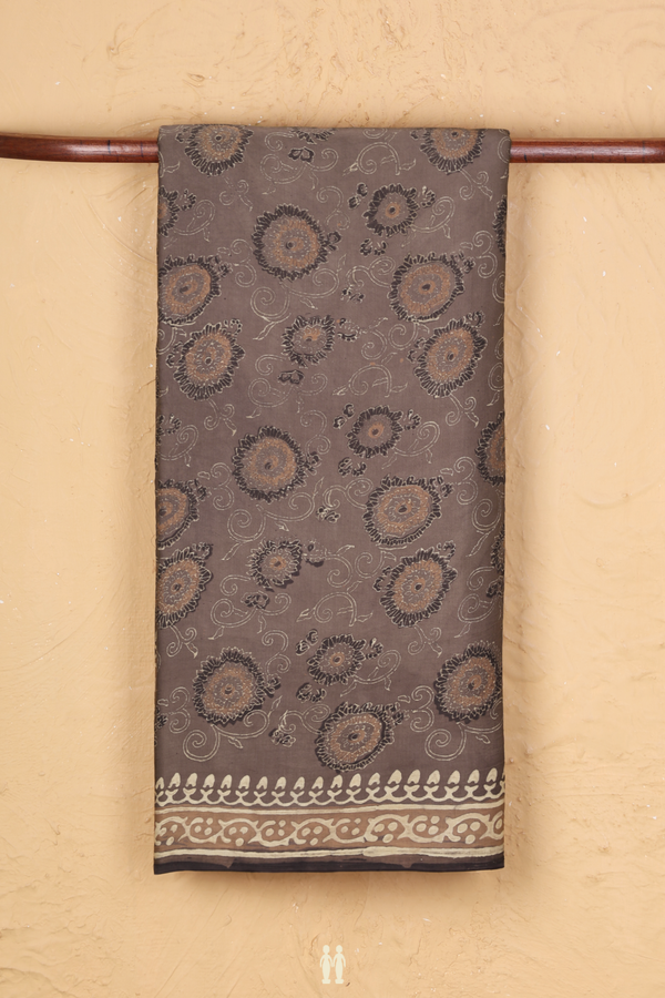 Modal Silk Saree In Greyish Brown With Floral Design