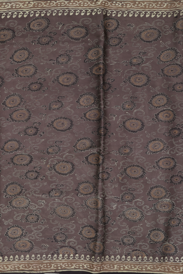 Modal Silk Saree In Greyish Brown With Floral Design