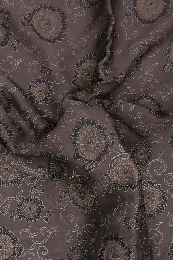 Modal Silk Saree In Greyish Brown With Floral Design