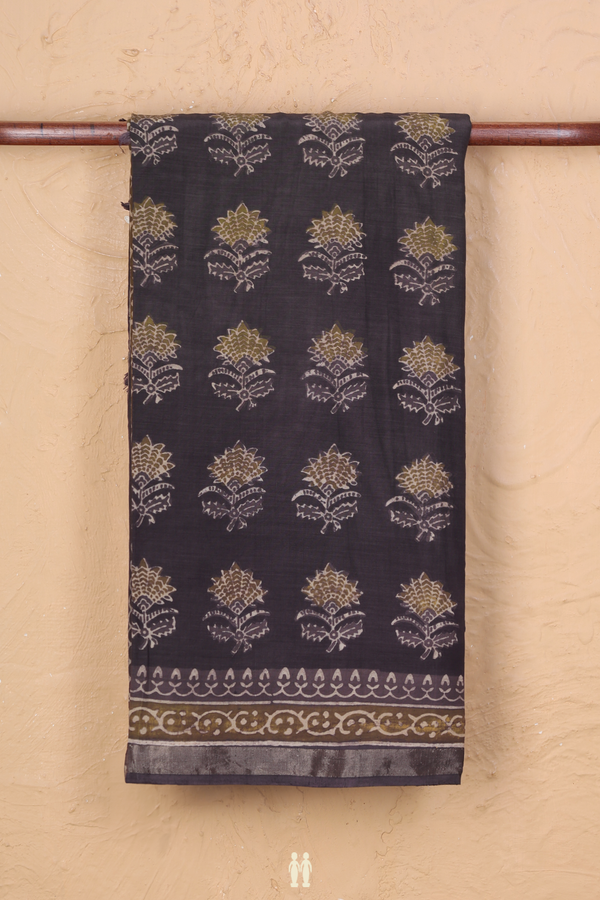 Modal Silk Saree In Oxford Brown With Floral Motifs