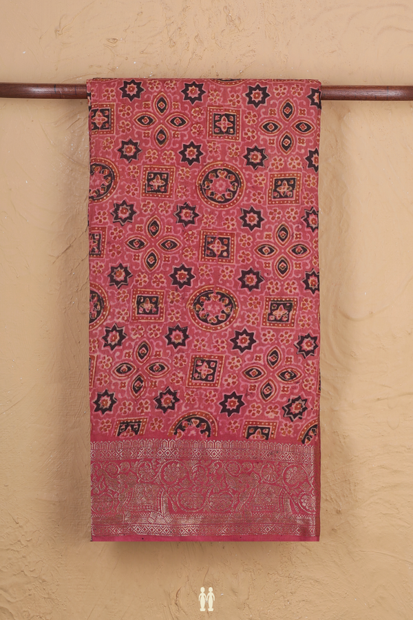 Modal Silk Saree In Dusty Red With Ajrakh Design
