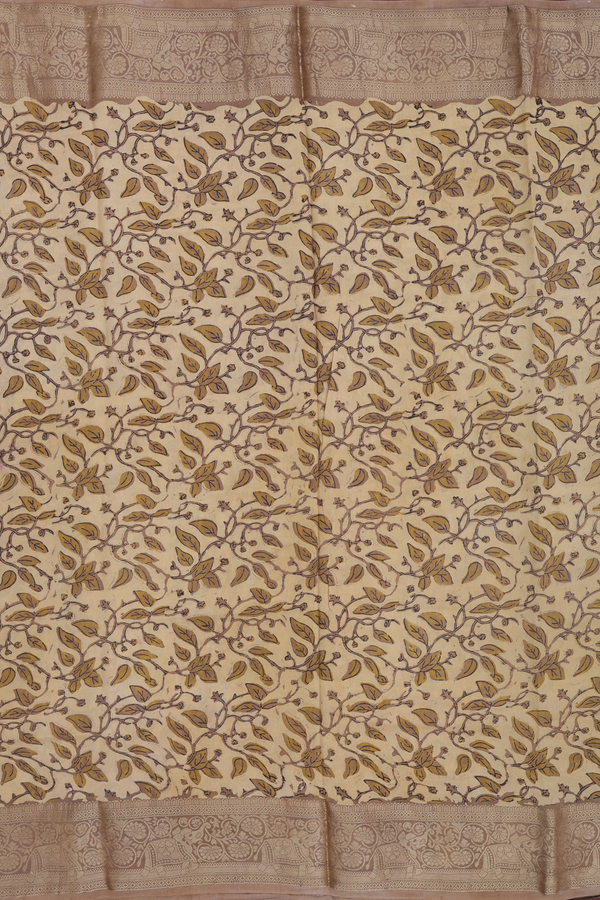 Modal Silk Saree In Light Yellow With Leaf Design