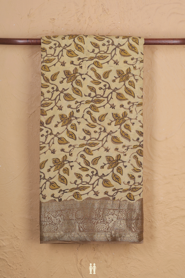 Modal Silk Saree In Light Yellow With Leaf Design