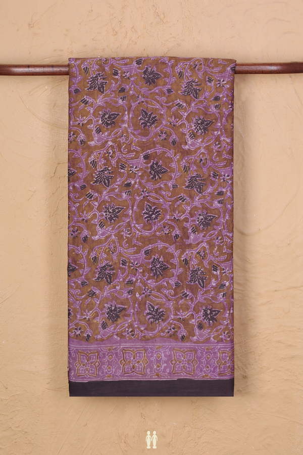 Modal Silk Saree In Olive Brown With Floral Design