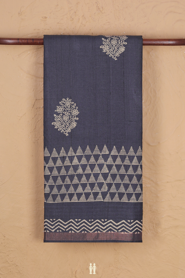 Tussar Silk Saree In Charcoal Grey With Floral Motifs