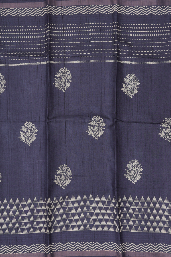 Tussar Silk Saree In Charcoal Grey With Floral Motifs