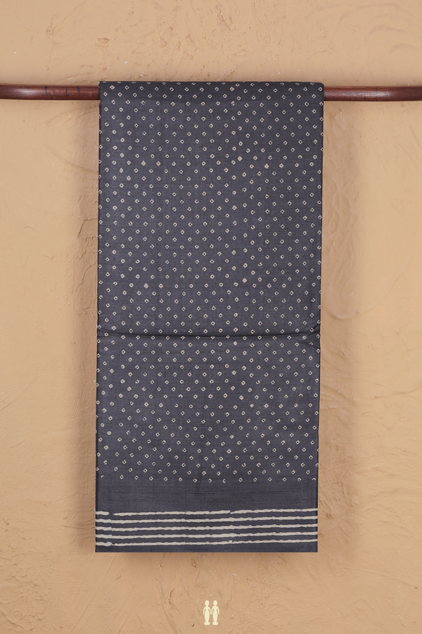 Tussar Silk Saree In Charcoal Grey With Printed Buttis
