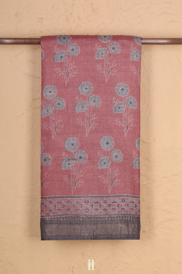 Tussar Silk Saree In Brick Red With Floral Motifs