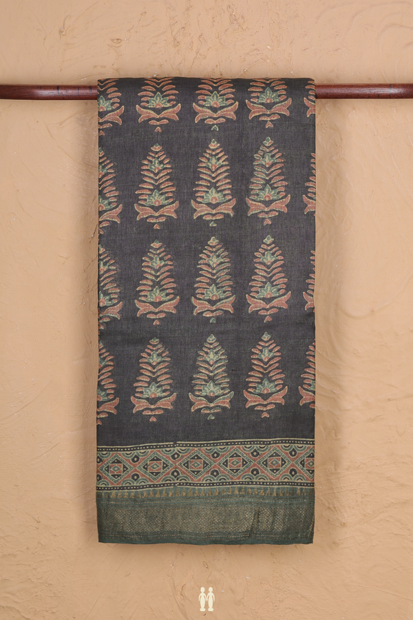 Tussar Silk Saree In Charcoal Grey With Printed Motifs