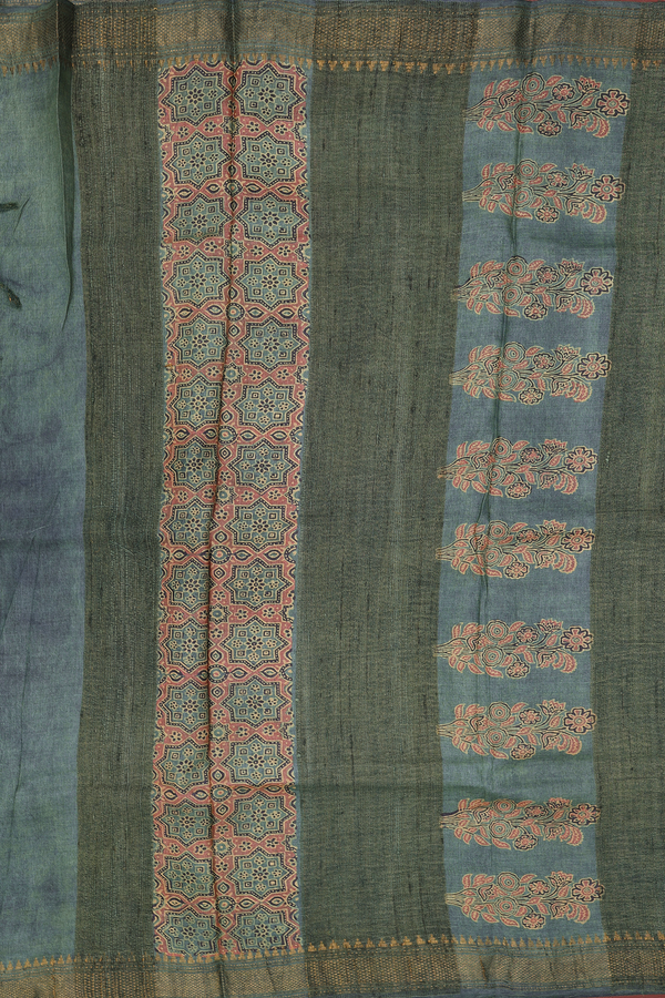 Tussar Silk Saree In Charcoal Grey With Printed Motifs